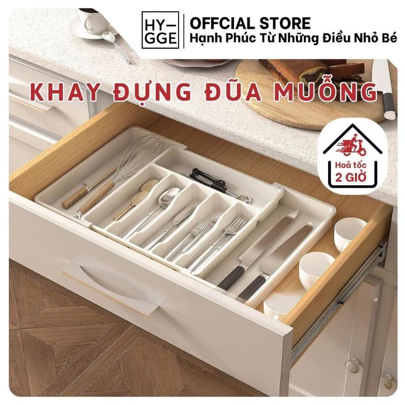 [SALE BÙNG NỔ 14/3 - 15/3] Khay đựnġ Đũa Muỗng Chia Ngăn Kéo Tủ Bếp HYGGE Có Thể Điều Chỉnh kícḣ Thước Tiện Lợi SP003094