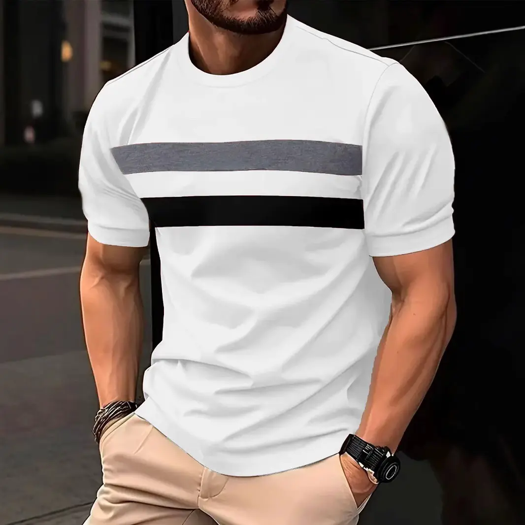 2025 New Cross-Border Foreign Trade Men's round-Neck T-shirt-Mixed Color Stripe Pattern Casual Fashion Short Sleeve Top