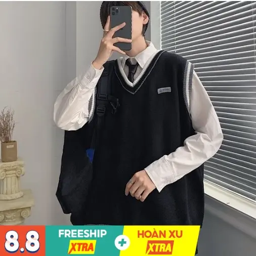 Áo GILE nam len cổ V logo không tay form rộng thời trang học sinh hàn quốc áo len mặc ngoài dáng unisex đi học đi chơi, Áo gile len nam nữ ulzzang unisex oversize logo vuông học sinh đi chơi đi học đồng phục