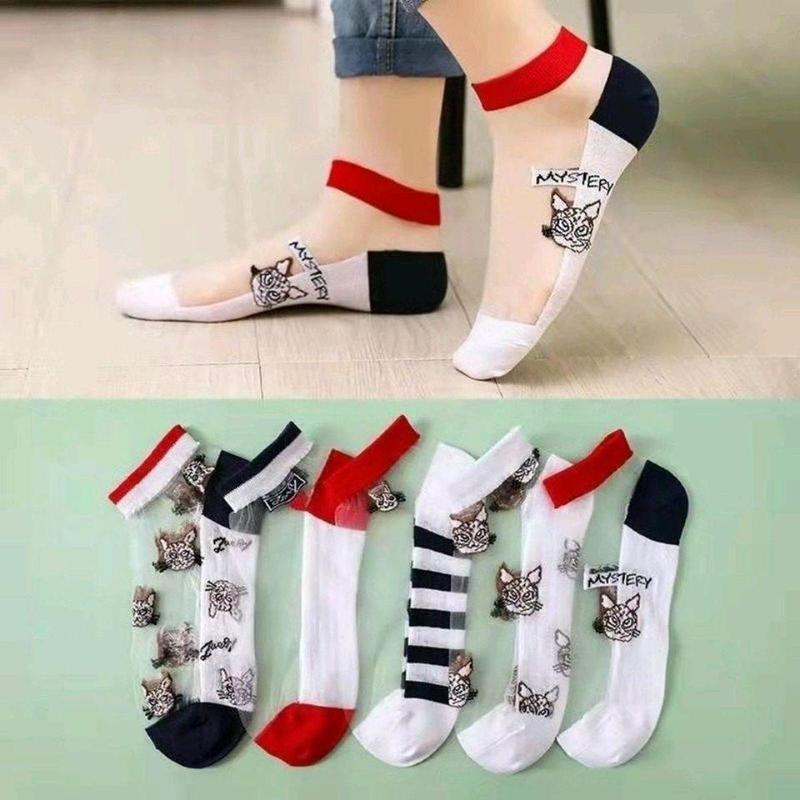 Combo 10 Đôi Tất Nữ Cổ Ngắn Hình Mèo - Tất Nữ Ren Phối Lưới Hình Mèo Cute - Tất Lưới Nữ Cổ Ngắn Sanh Chảnh - Màu Ngẫu Nhiên