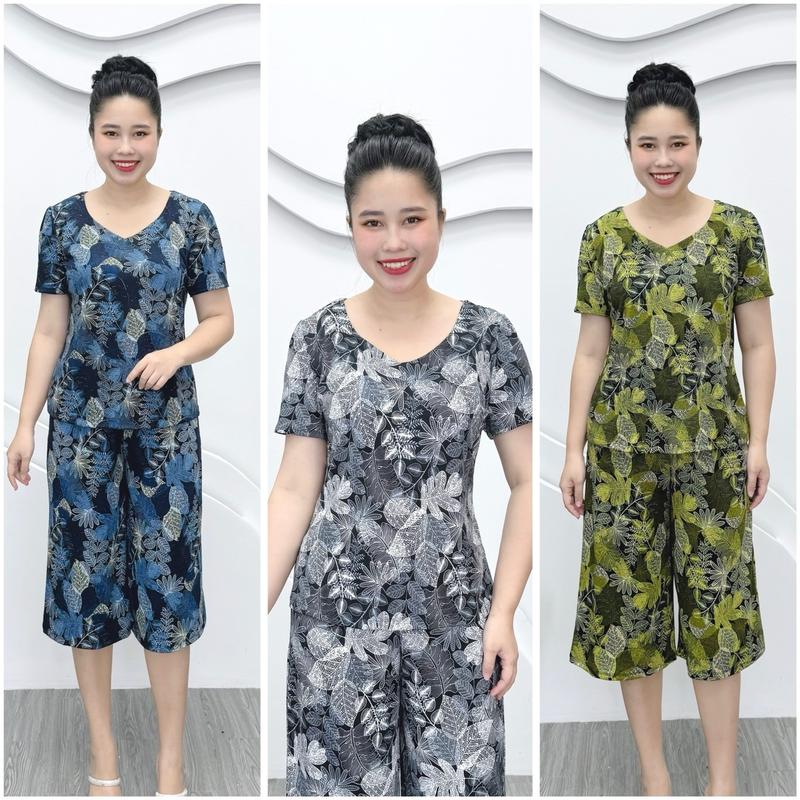 L80 Đồ bộ trung niên, đồ bộ lững cho mẹ Thun Aty mỹ, quần ống rộng, 50-80kg, Top Áo Women Kem