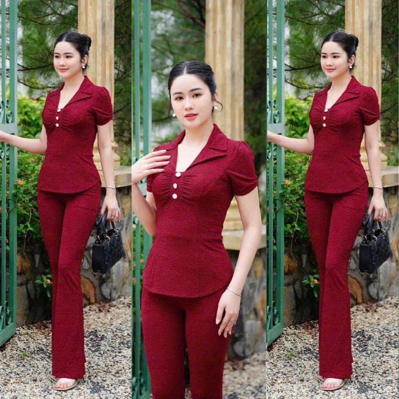 Product Introduction of Mã 116: Thun xốp nhật áo phối cổ sơ mi, quần ống loe thể hiện phong cách sang trọng quý phái của phụ nữ có size tới 75kg 17