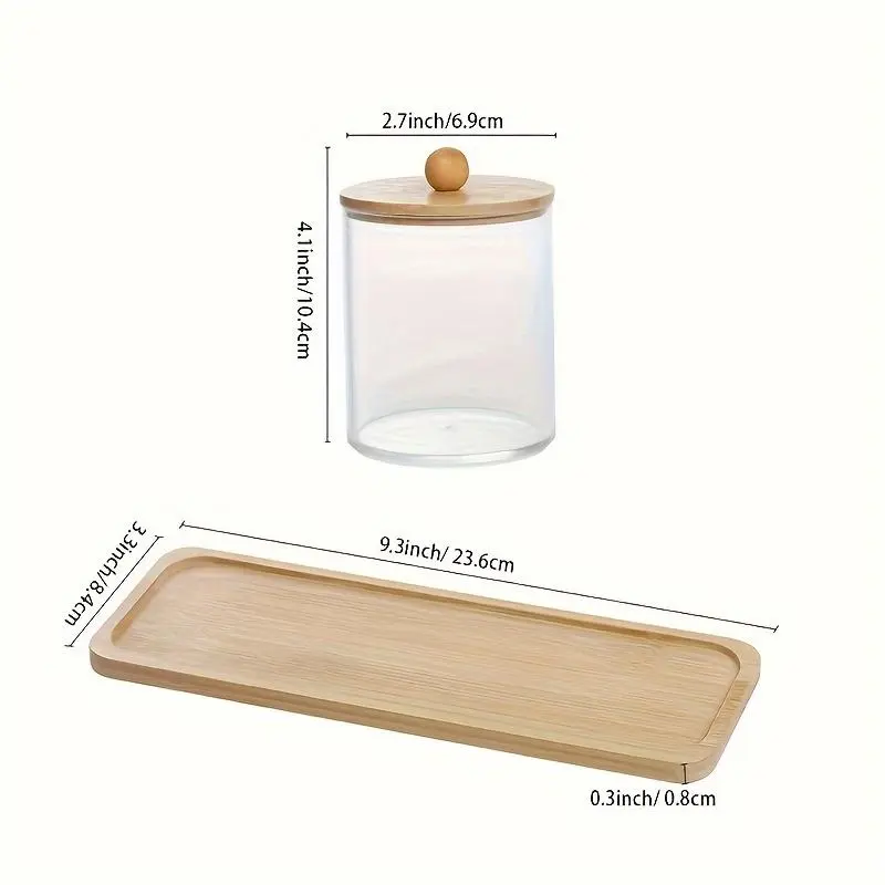 Cotton Swab Storage Bottles with Wooden Lid, Toothpick Storage Bottle with Tray, Bathroom Containers Dispenser, Floss Organizer Canisters 1