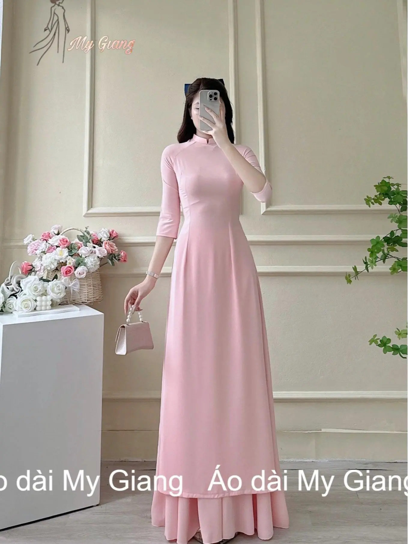 (AD01) Bộ áo dài trơn quần váy lụa Mỹ cao cấp (Áo dài My Giang) cách tân Nữ Women