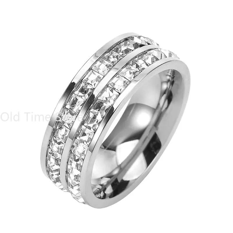 Hot Sale Double Crystal Woman Fashion Ring Rose Gold Color Filled Titanium Steel Rings for Women Female Fine Jewelry 7