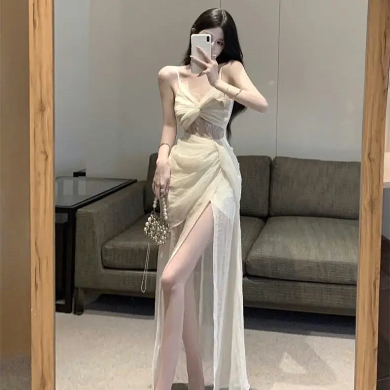 Đầm dự tiệc 2 dây xẻ tà phối ren hoa siêu sang chảnh Nữ