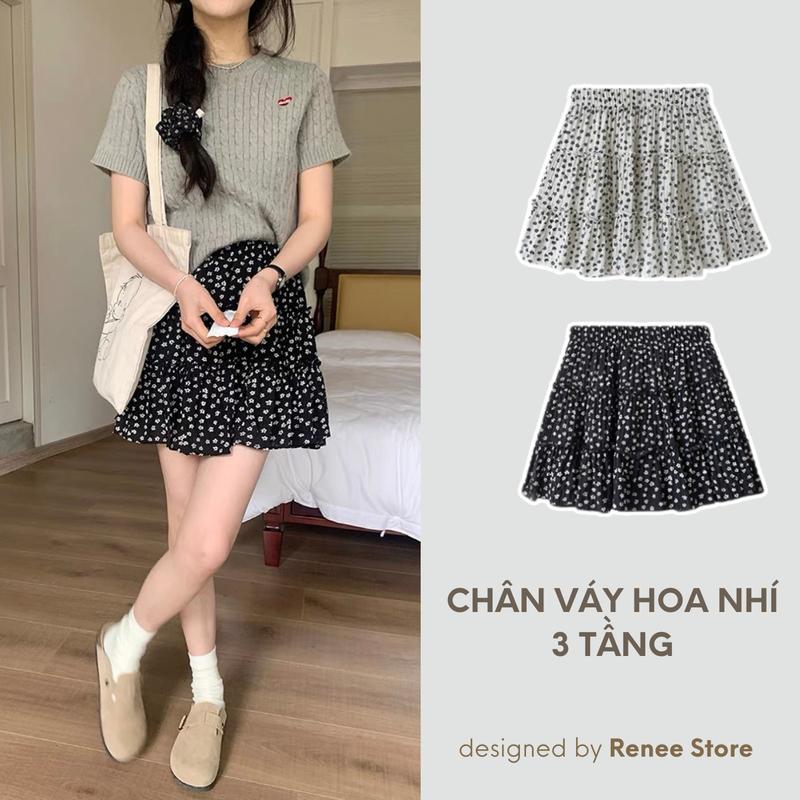 Chân váy hoa nhí 2 lớp, váy nữ ngắn 3 tầng xoè bo chun phong cách ulzzang thanh lịch có thể giặt máy Renee Store - V322 Women