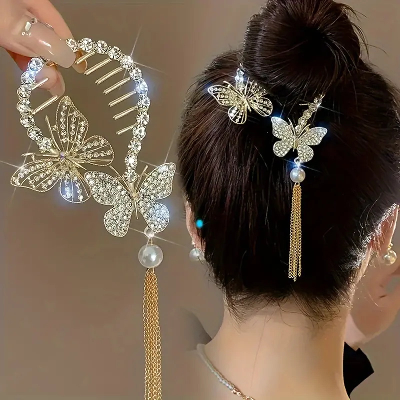 Khóa Búi Tóc Đính Đá Sáng Bóng, Tinh Tế Và Thanh Lịch, Kẹp Tóc Tua Rua Thiết Kế Bướm Rỗng Màu Vàng Kim, Phụ Kiện Tóc Phong Cách Công Chúa Đi Chơi Thường Ngày Cho Phụ Nữ Và Trẻ Em Gái, Thích Hợp Làm Đạo Cụ Chụp Ảnh Quà Tặng
