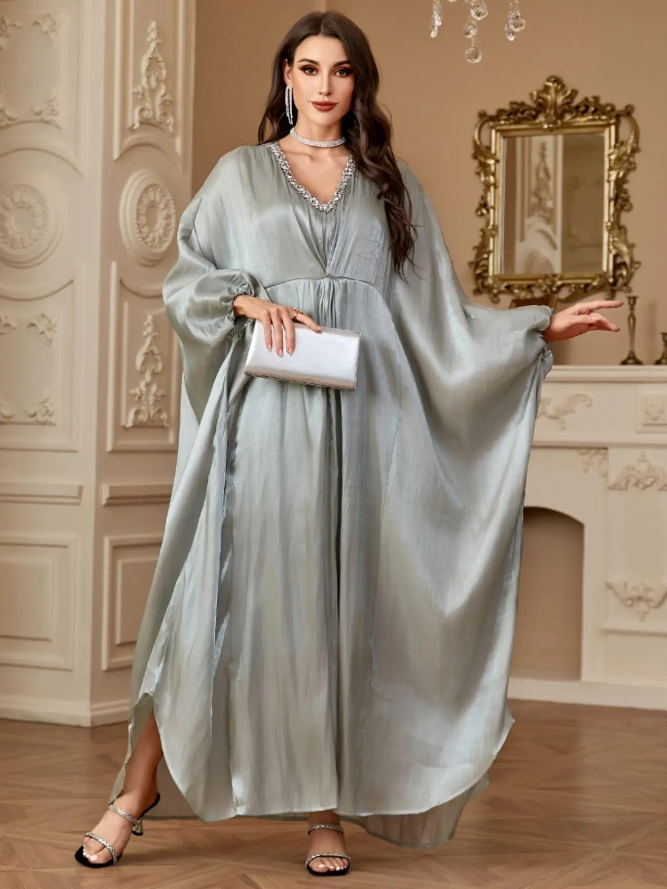 Women's Plain Batwing Sleeve Long Sleeve Dress, Elegant Rhinestone Decor V Neck A Line Dress for Party Holiday Wedding Guest, Ladies Clothes for All Seasons, Birthday Dresses, Dresses for Women