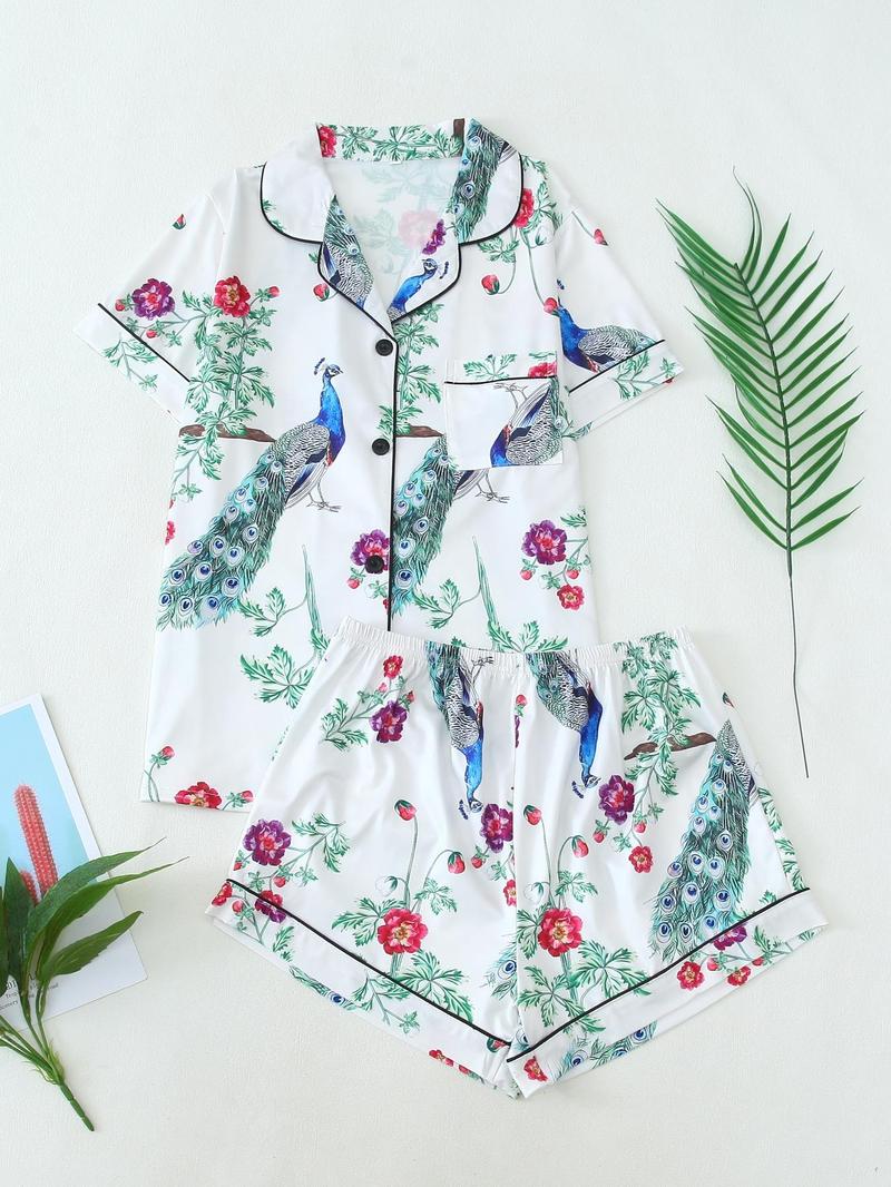 Product Introduction of Two-Piece Set Women's All Over Bird & Floral Print Lapel Neck Pocket Shirt & Elastic Waist Pants Pyjama, Casual Comfy Short Sleeve Button Up Top & Trousers Set, Ladies Summer Sleepwear 1