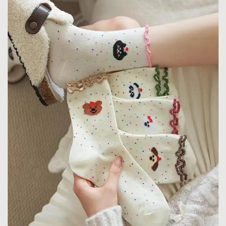 Bộ 10 đôi tất cổ trung nữ màu tiêu họa tiết dễ thương, tất nữ vớ nữ phong cách Hàn Quốc - Women