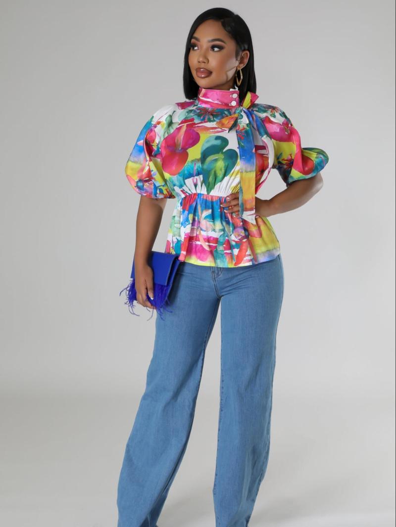 Product Introduction of Women's Floral Print Bow Design Blouse, Casual Top for Summer, Ladies Clothes for Daily Wear 7