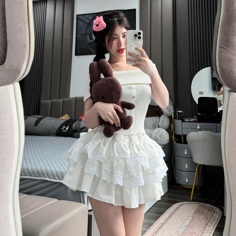 chân váy tầng ren bồng   -  Nữ Women Cotton