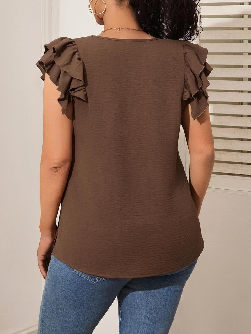 Product Introduction of CURVZY Plus Size Solid Ruffle Trim V Neck Blouse, Casual Top for Summer, Women's Plus Clothing for Daily Wear 13