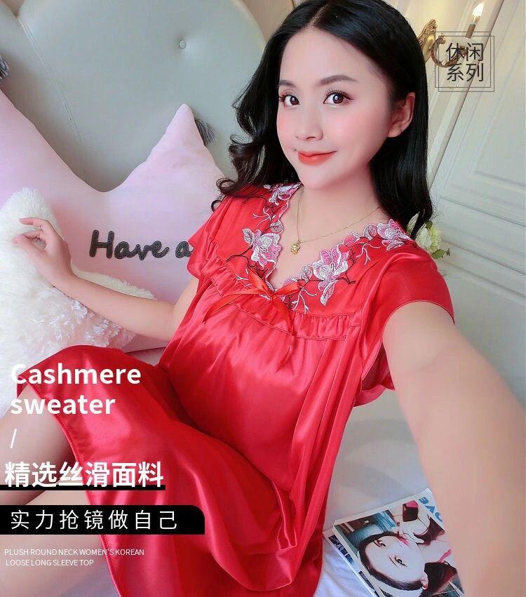 Product Introduction of Đồ Ngủ Nữ Mùa Hè, Ngoại Cỡ, Vải Lụa Lạnh Váy Ngủ, Thích Hợp Cho Cô Gái Đầy Đặn, Gợi Cảm Và Rộng Rãi, Váy Ngủ Ngắn Tay, Áo Mặc Bên Ngoài Tích Hợp, Đồ Mặc Nhà 15