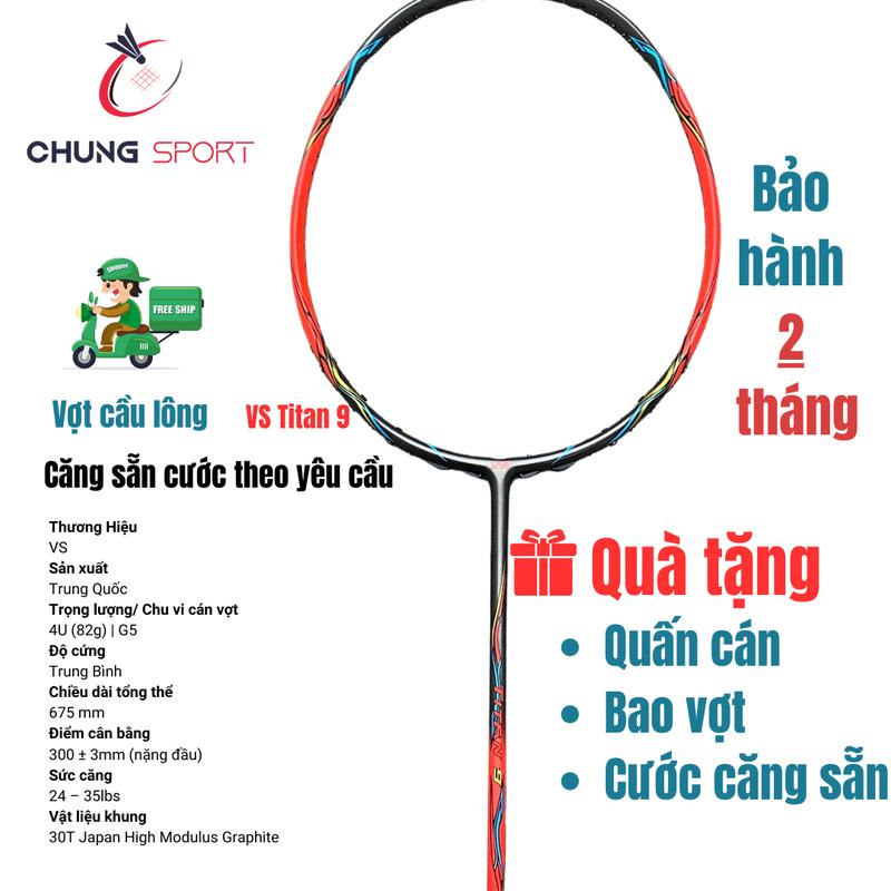 Vợt cầu lông VS Titan 9 màu đỏ đen căng max 15kg Được căng sẵn cước theo yêu cầu có tặng kèm quấn cán và bao vơt