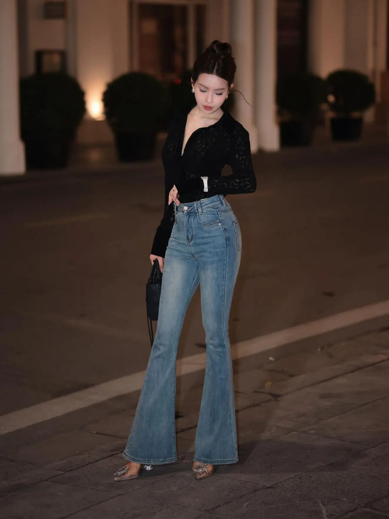 Quần Jeans cạp cao ống loe co giãn cao cấp