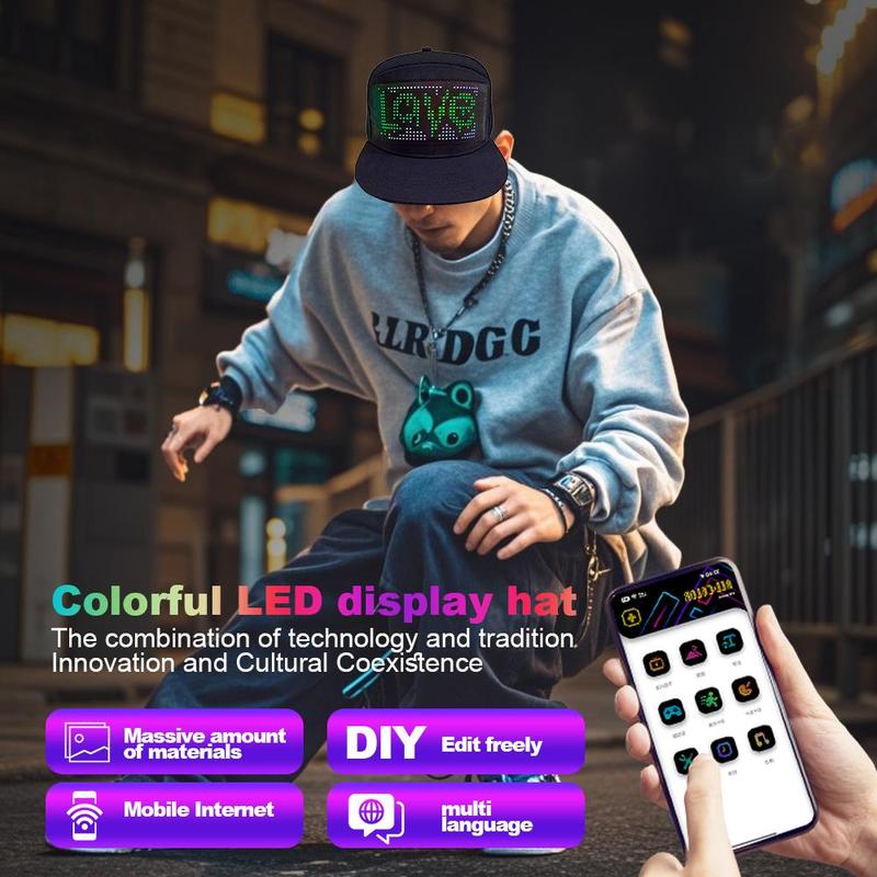 Product Introduction of LED Display Screen Hat, 1 Count USB Rechargeable Cool Light Up Hat with Multi-language Text & Image Editing, Party Hat for Street Dance Party, Holiday Activity 3