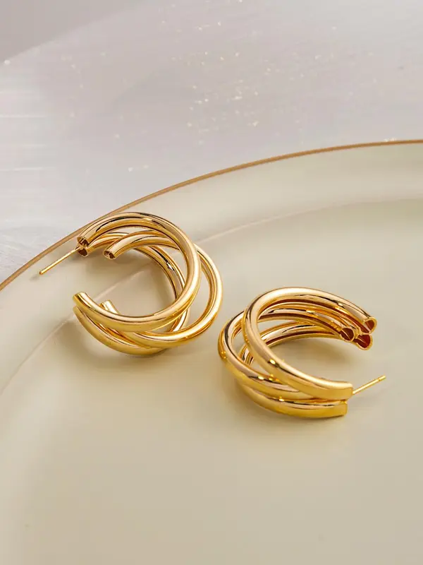1 Pair Solid Color Three Layer Hoop Earrings for Women, Elegant Fashion Personality Versatile Alloy Jewelry Accessories, Holiday Gift 1