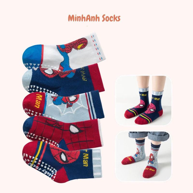 (Set 5 Đôi) Tất chống trơn trượt cao cấp cho bé trai bé gái. Tất cổ cao trẻ em hãng Minlliu Siêu Nhân, Khủng Long 1-8 Tuổi 4