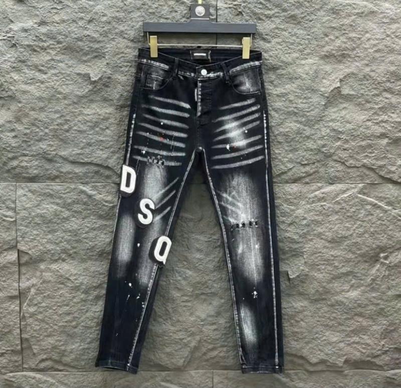 Quần dài jean nam đen vá gối kẻ đen trắng rách xước phối họa tiết mẫu mới hottrend