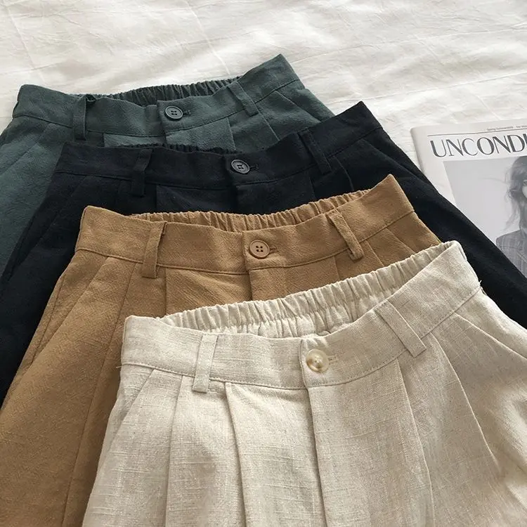 【Linen shorts】Cotton Linen Shorts Japanese-Style Retro High Waist Slimming Loose Wide-Leg Half Pants Linen Leisure Thin Leggings Quick-Drying