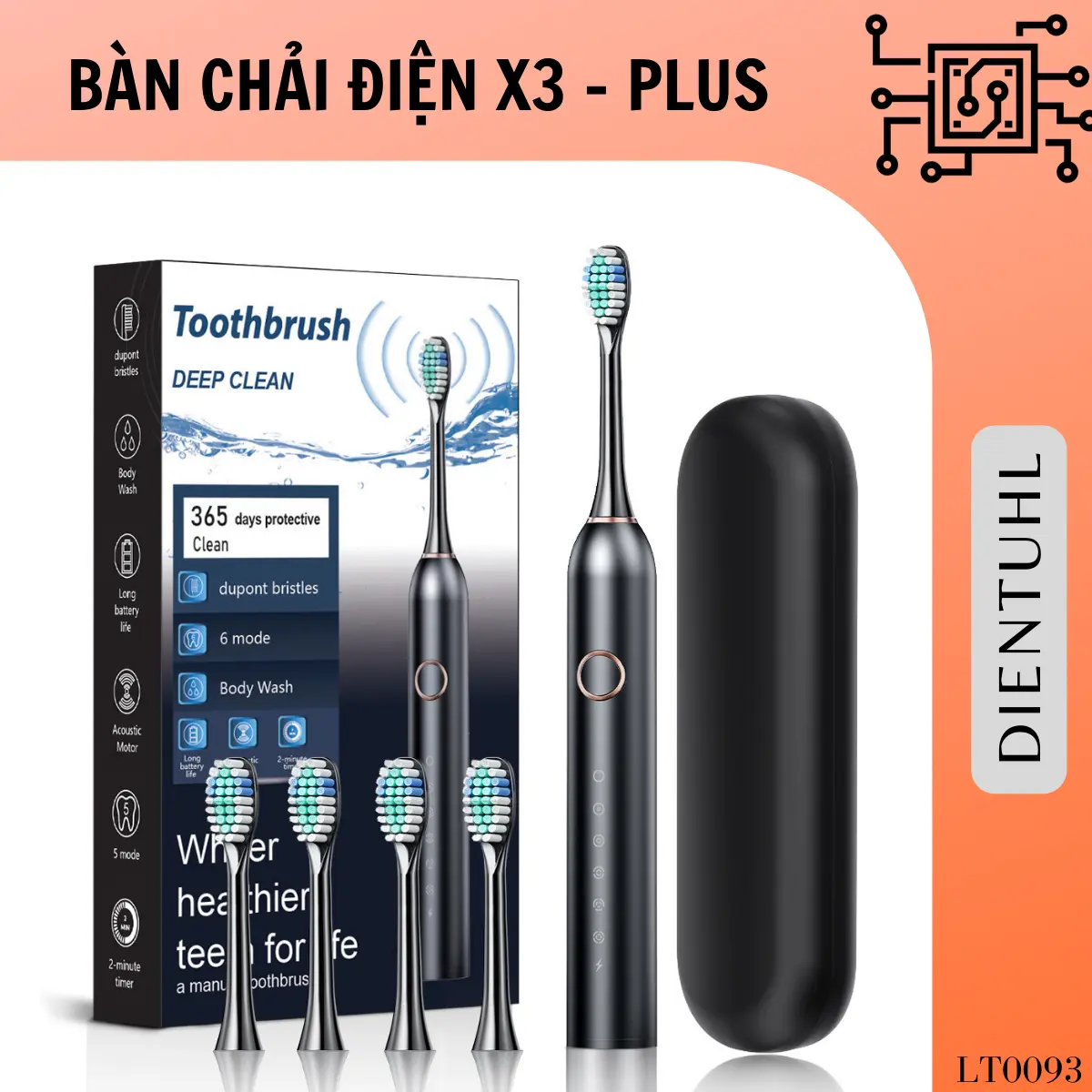 Bàn Chải Đánh Răng Điện Thông Minh X3 Plus, 6 Chế Độ Làm Sạch, 4 Lông Bàn Chải Mềm, Thay Thế