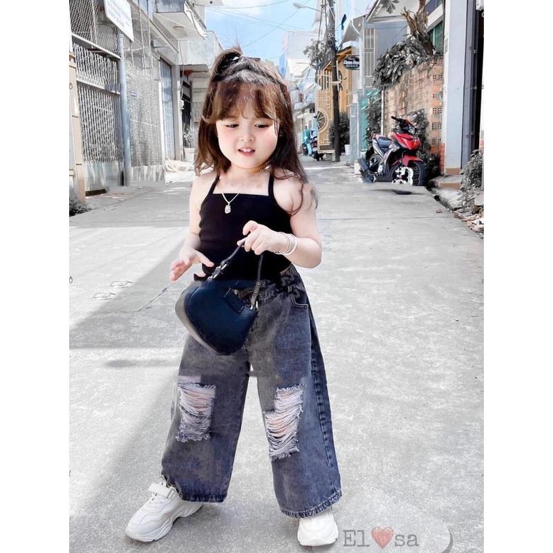  Bộ Quần Áo 2 Dây Tăm+ Quần Jean Xám Sành Điệu Dành Cho Bé Gái 8-25kg  1-8 tuổi  Jean 