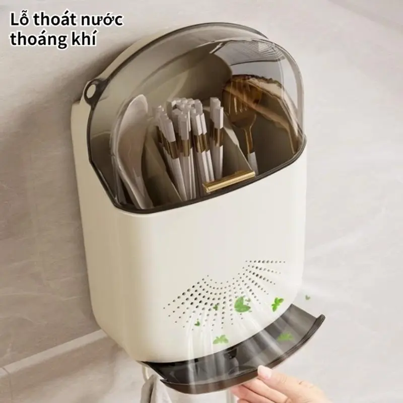 Hộp đựnġ Đũa Muỗng Treo Tường Có Khay Đỡ Nước - Ống đựnġ đũa gắn tường có nắp đậy - Bảo vệ thìa đũa muỗng khỏi bụi bẩn, côn trùnġ - kícḣ thước: 31x20x8 cm - Kitchen 1