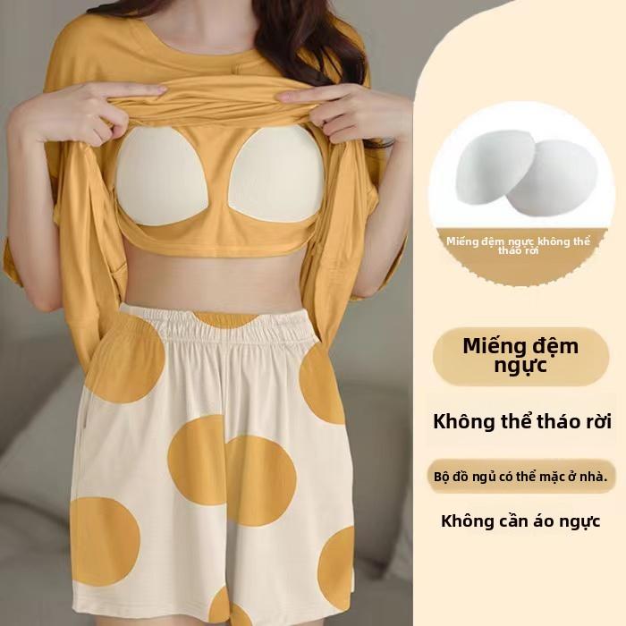 Bộ Đồ Ngủ, Vải Nảy Mềm, Tay Ngắn, Cổ Tròn, Có Áo Ngực Tích Hợp, Dành Cho Phụ Nữ Và Phụ Nữ, In Hình Hoạt Hình Dễ Thương, Thiết Kế Mặt Cười, Quần Đùi ngắn Tay, Bộ Đồ Mặc Nhà, Hàng Có Sẵn Sẵn Để Gửi 3