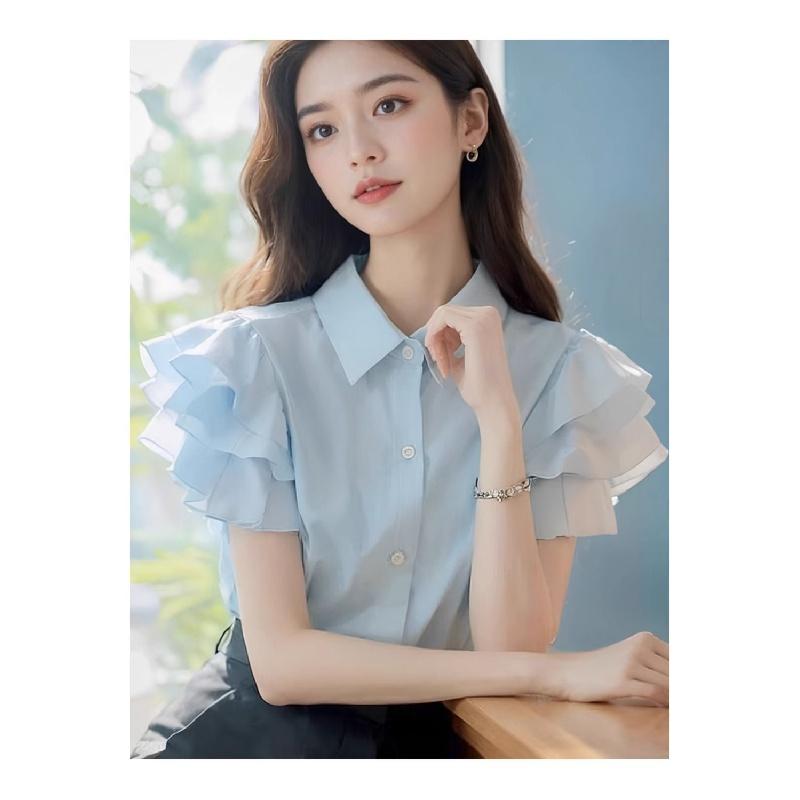 Product Introduction of (in Stock) European Goods Beautiful Fashion Casual Temperament High-Grade Super Nice Top Blue Ruffled Short Sleeves Women's Shirt Women's Summer Blouse Lingerie 2