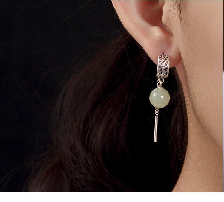 Product Introduction of Ladies green long section Chinese style natural Hetian white jade inlaid round bead earrings exquisite fashion jewelry 5