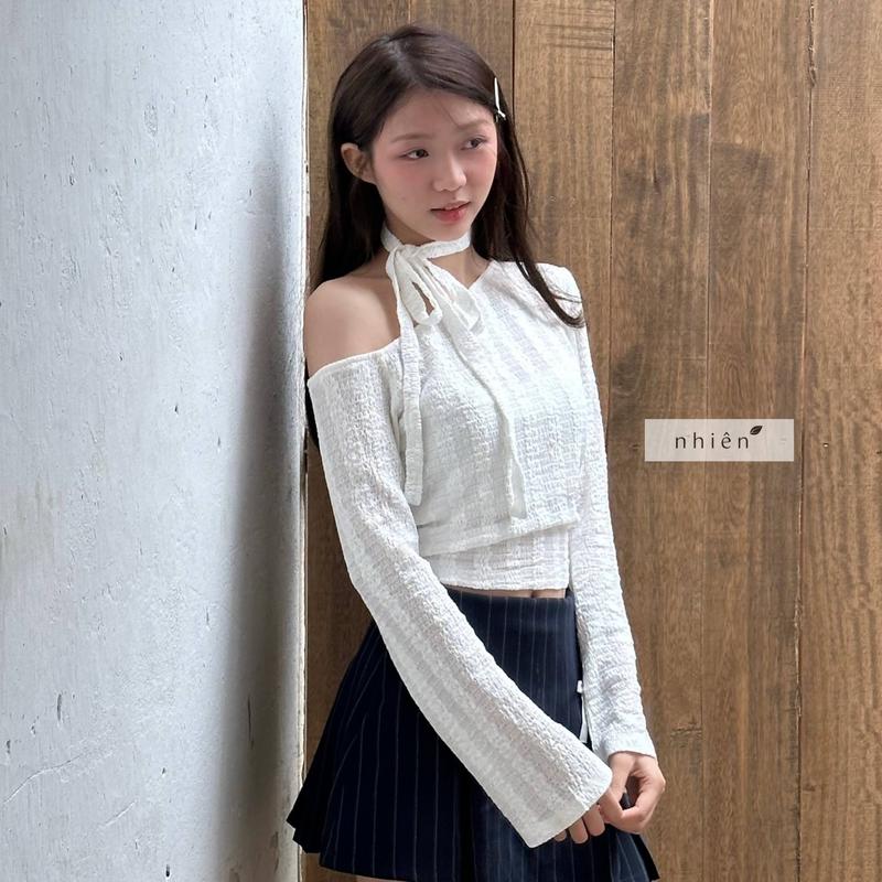 Mia Top - áo thun trễ vai nữ tặng kèm dây thiết kế tay loe dài nhiennhienvintage BA361 Women Trắng Sơ Mi Shirt