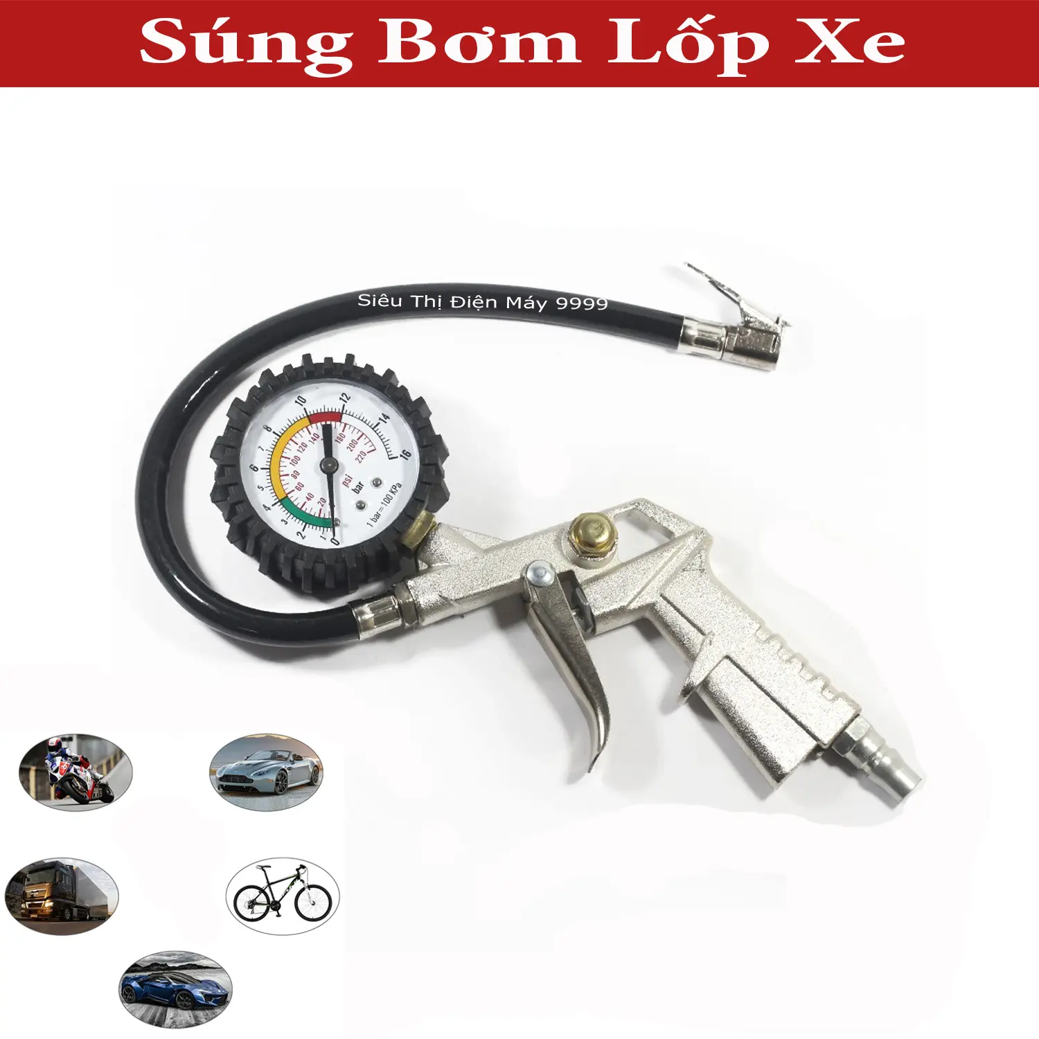 Vòi bơm lốp ô tô xe máy có đồng hồ đo áp suất - Hàng xịn nhập khẩu
