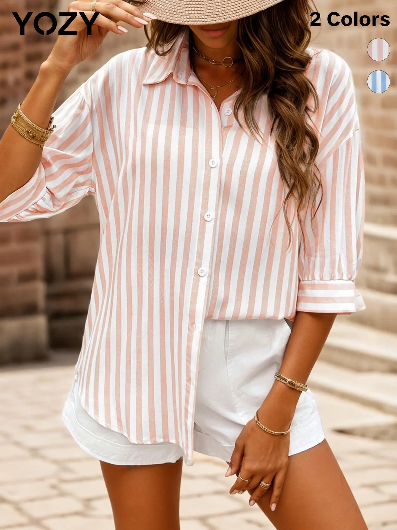 YOZY Striped Print Shirt, Casual Loose Dropped Three-quarter Sleeves Blouse, 2024 Women's Daily Wear for Spring & Summer & Autumn
