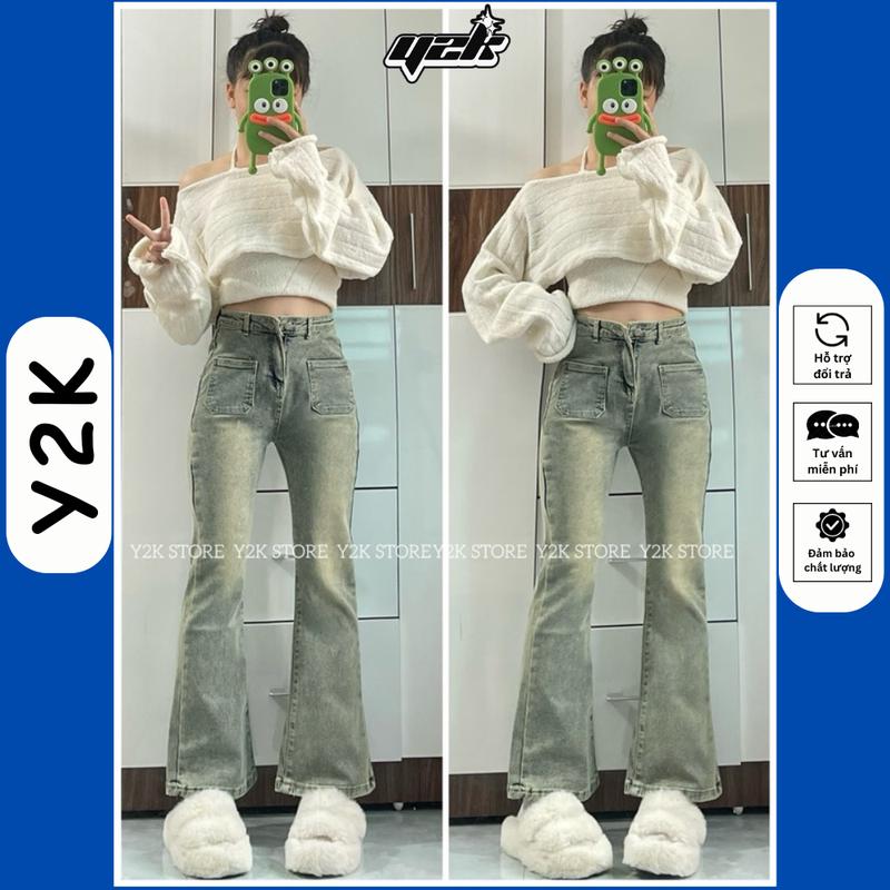 (LOE NẤM LÙN) Quần Jean Ống Loe 9 Tấc Túi Ngược Cho Nữ Nấm Lùn 90cm Lưng Cao Bò 1m40 1m45 1m48 1m50 Y2K Women Pants size xs jeans Ong