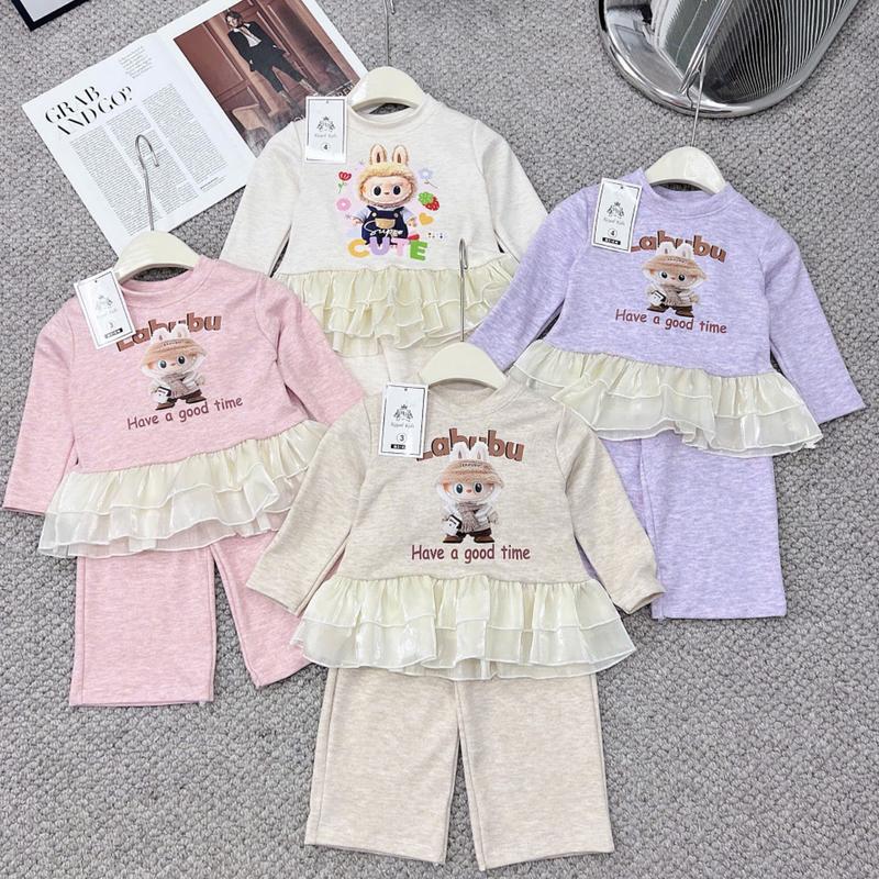 8-40kg Bộ Len tăm dài bé gái phối béo Sam kids Labubu cotton mẻ mùa hè quần áo trẻ em cao cấp Thun