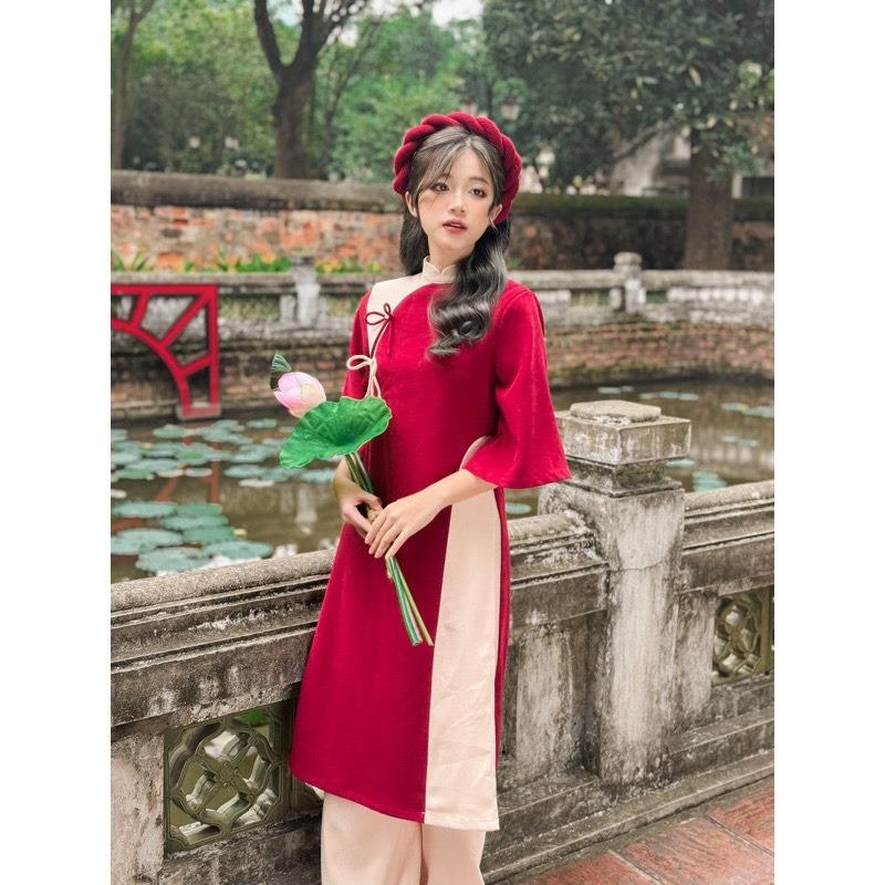 Set áo dài cách tân nữ S.176 Set áo dài cách tân nữ phối 2 màu cổ tàu tay lửng dáng rộng có 2 nơ ngực - Shop Chấm Bi
