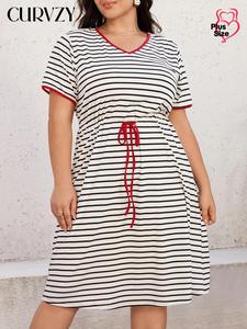 CURVZY Plus Size Striped Print Contrast Binding Drawstring Dress, Casual Short Sleeve V Neck Dress for Summer, Women's Plus Clothing for Daily Wear