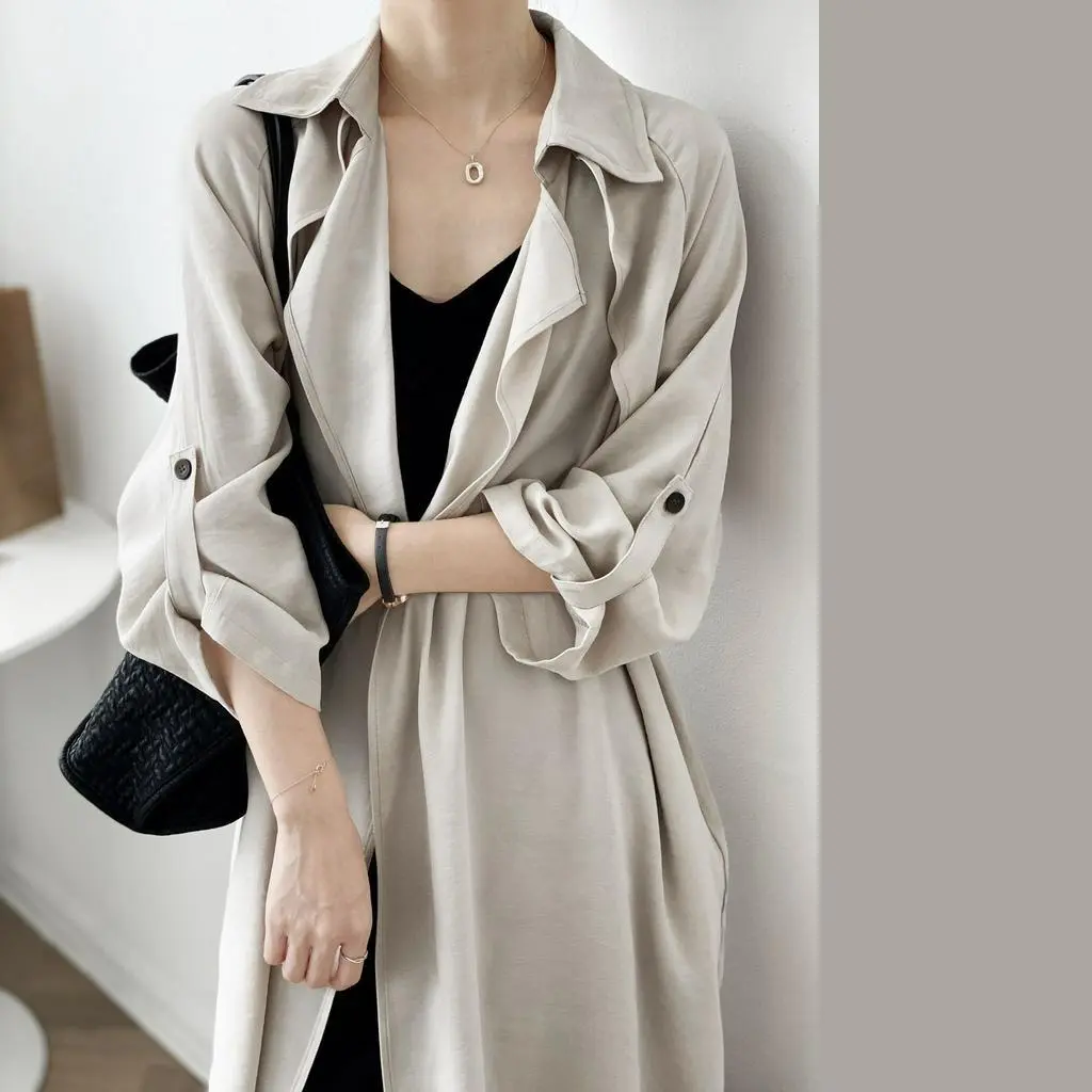 Women Long Trench Coat Spring Autumn Winter Fashion Casual Elegant Slim Loose Windbreaker Jacket Outwear Office Work Suit Black Beige