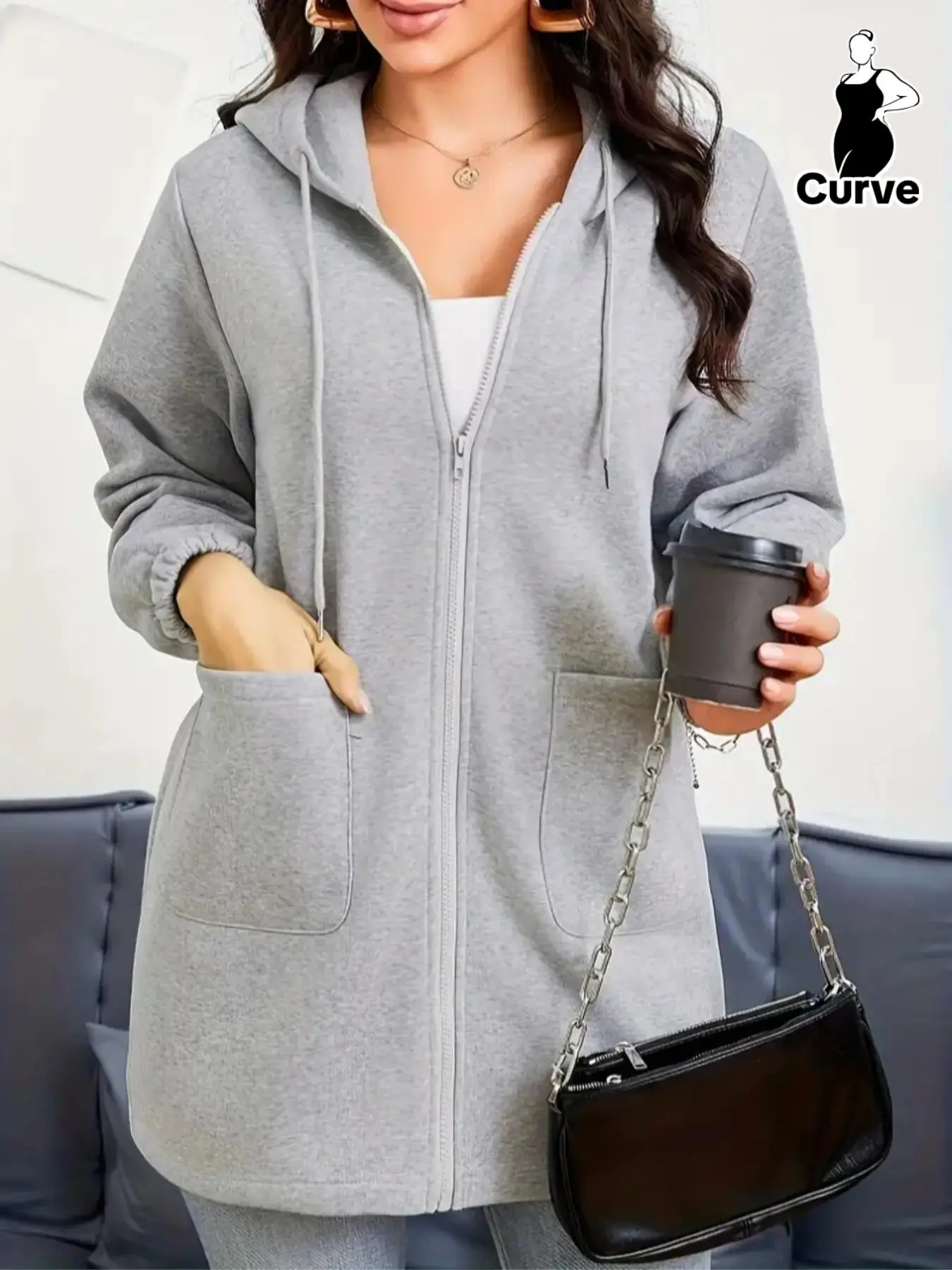 【Plus Size】 Solid Zip Up Drawstring Hoodie, Casual Long Sleeve Hooded Sweatshirt for Fall & Winter, Women's Clothing for Daily Wear