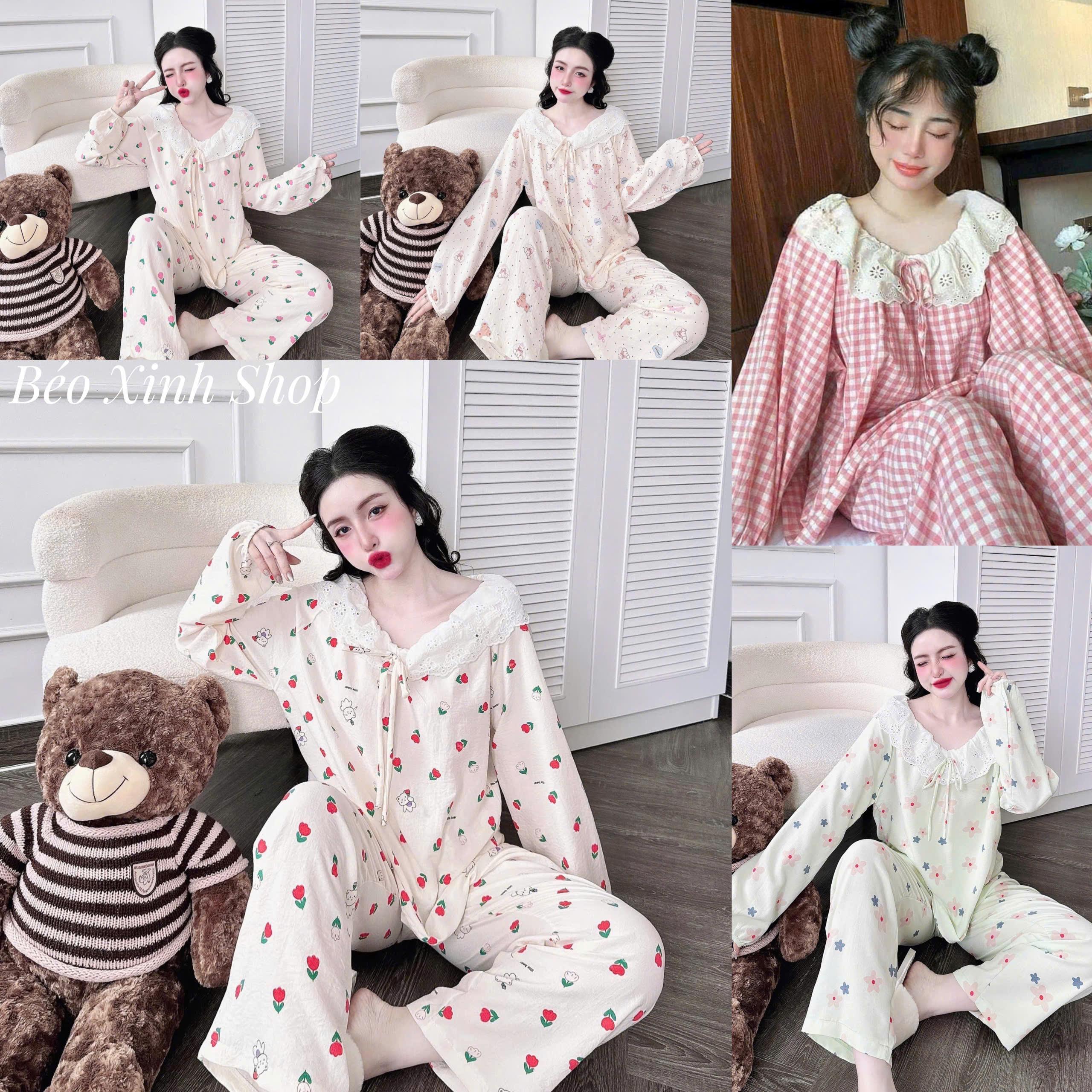 Đồ Bộ - Đồ Ngủ Tay Dài Quần Dài Vải Đũi Xốp Cotton Pijama Bigsize 50-100kg Bộ Ngủ Nữ Áo Ngủ Women Quần Ngủ - A.5621