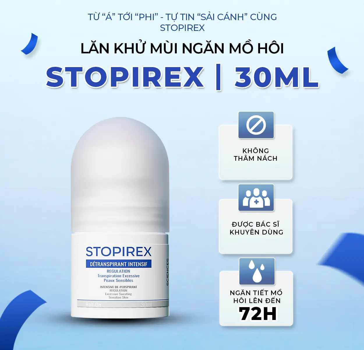 Lăn Ngăn Tiết Mồ Hôi & Khử Mùi Chuyên Sâu Stopirex Detranspirant Intensif - Khử Mùi Cơ Thể Cho Nam, Nữ (30Ml)