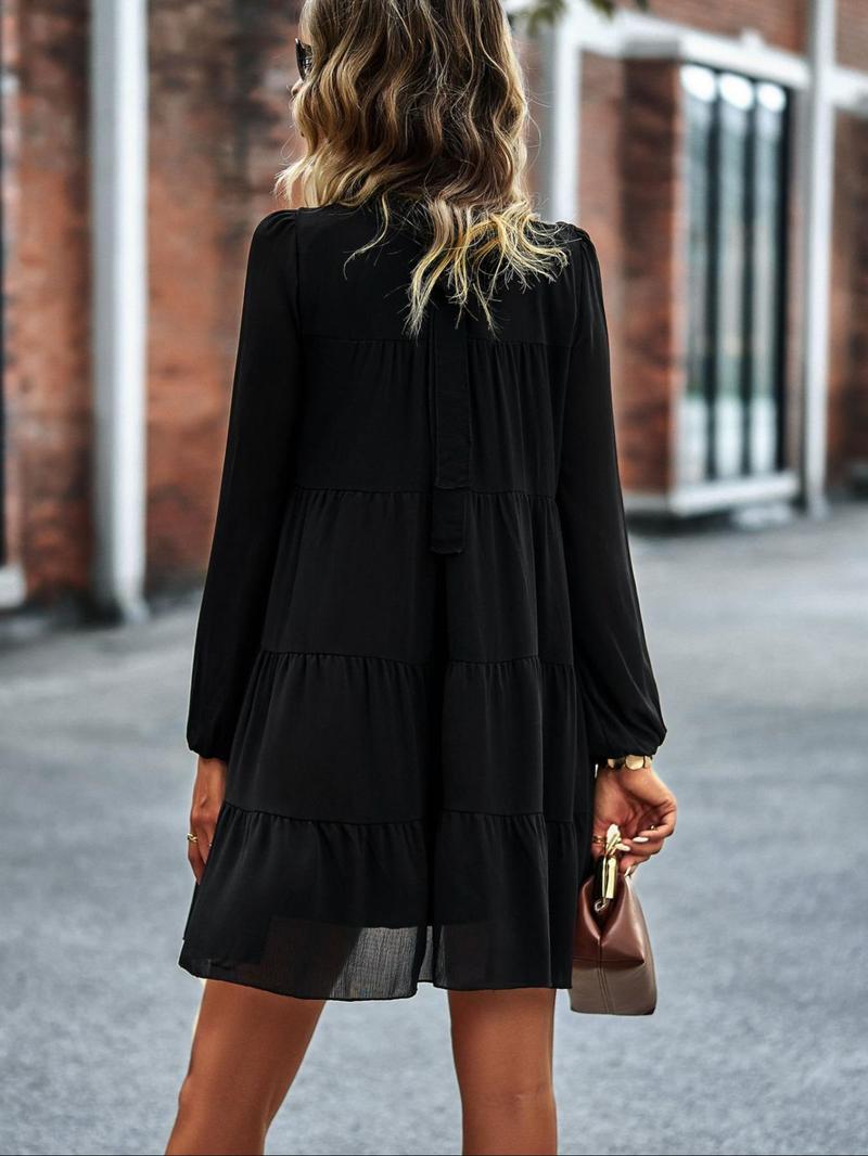 Product Introduction of Women's Plain Ruched Ruffled Collar Smock Dress, Boho Bishop Sleeve Short Dress for Beach Holiday Vacation, Ladies Clothes for All Seasons 14
