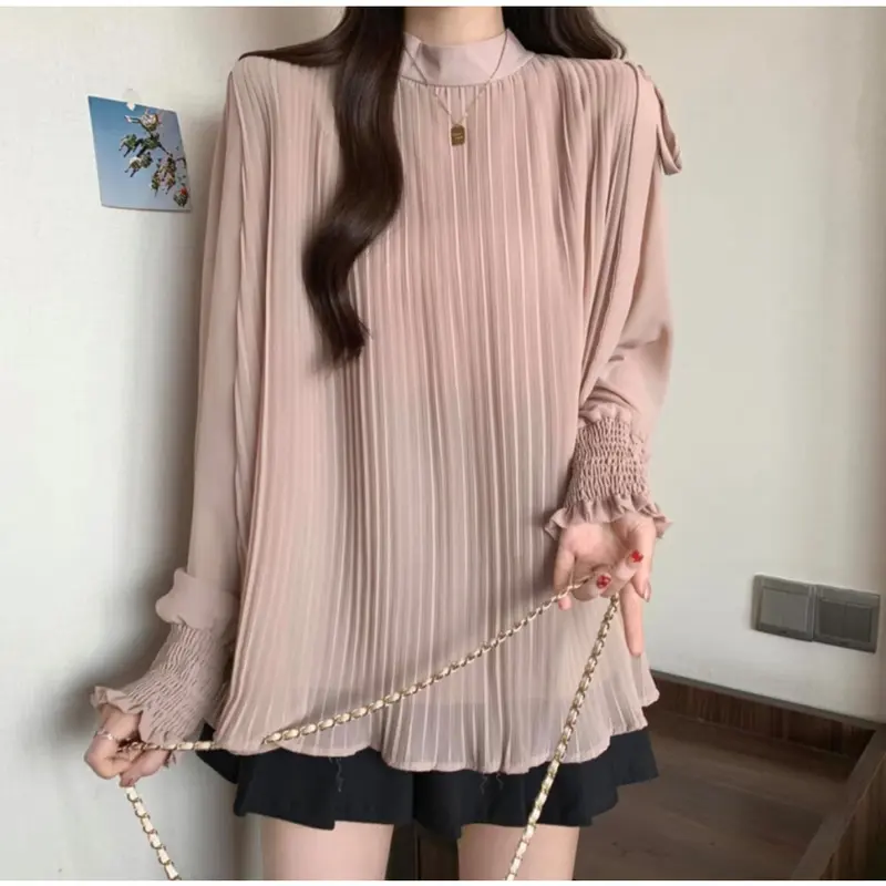 CHICMORE Atasan Blus Gaya Elegan Lengan Panjang Model Balon Leher Bulat Untuk Wanita 0