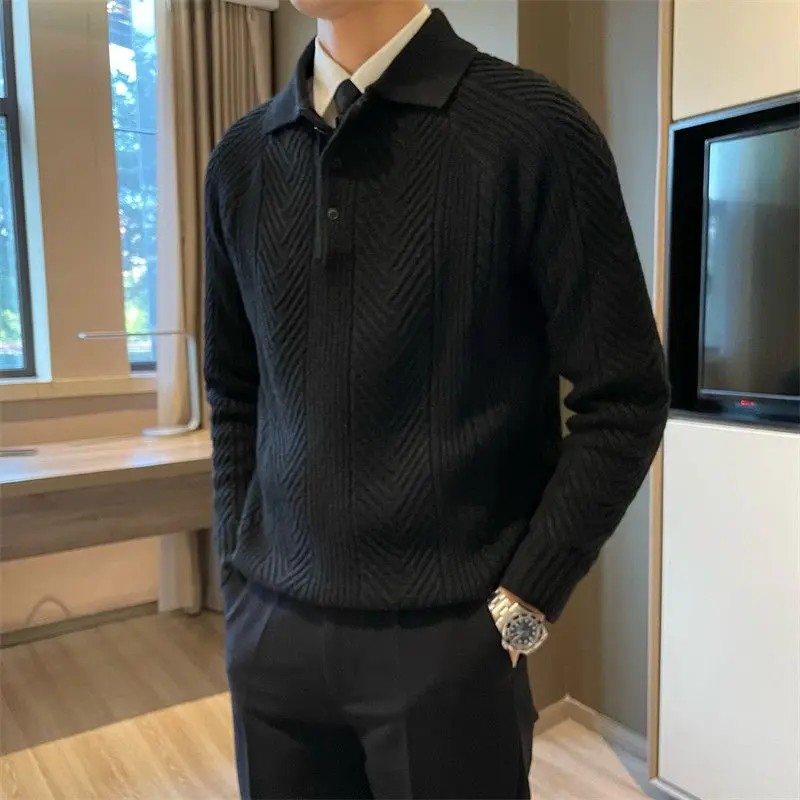 Áo Len Polo Có Ve Áo, Phong Cách Nhật Bản Cổ Điển Tối Giản, Họa Tiết Jacquard, Dành Cho Nam Giới, Thích Hợp Cho Mùa Thu Và Mùa Đông, Thường Ngày, Màu Trơn Áo Len Chui Đầu 2