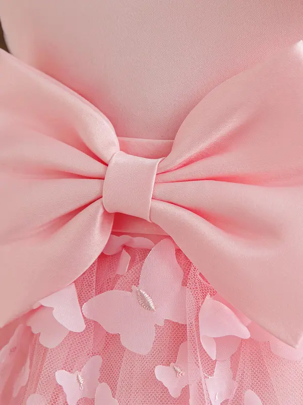 Girl's Butterfly Appliques Bow Front Tulle Dress, Cute Romantic Zipper Back Tie Back Sleeveless Fit & Flare Dress for Party Show Perform, Kids Clothes for Fall & Winter 4