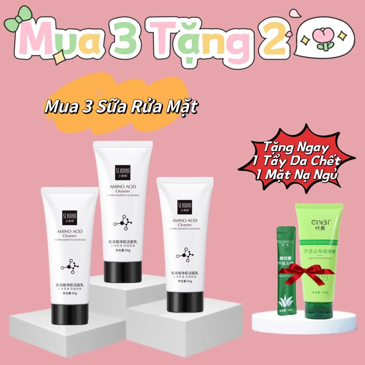 Combo 3 Tuýp Sữa Rửa Mặt Senana Amino Acid Sợi Tơ, Dung Tích 60gr, Giúp Làm Sạch Sâu Da Mặt, Tặng 1 Tuýp Tẩy Da Chết + 1 Mặt Nạ Ngủ Dưỡng Da