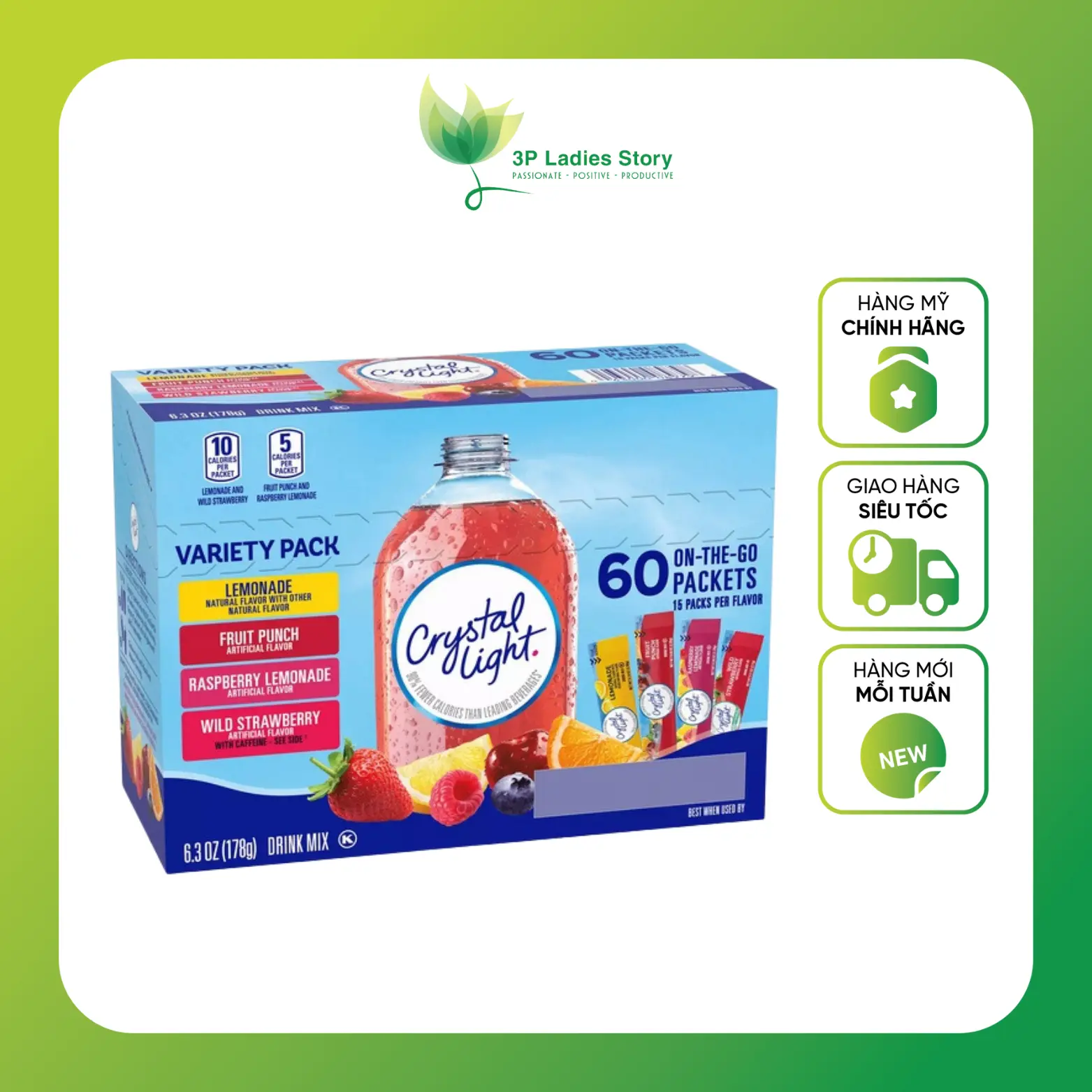 HỘP 60 GÓI BỘT PHA NƯỚC TRÁI CÂY 4 VỊ Crystal Light
