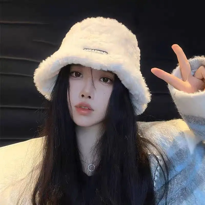 2024 Hat Winter Furry Female Autumn and Winter Fisherman Hat Japanese Style All-Matching Show Face Small Extra Thick Warm Anti-Lambswool Bucket Hat
